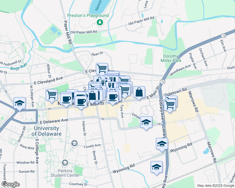 map of restaurants, bars, coffee shops, grocery stores, and more near 70 State Road 2 Bus in Newark