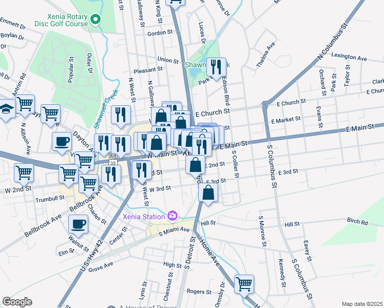map of restaurants, bars, coffee shops, grocery stores, and more near in Xenia