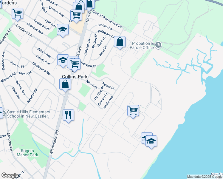 map of restaurants, bars, coffee shops, grocery stores, and more near 214 Keiser Place in New Castle