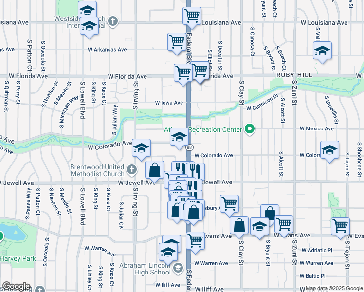 map of restaurants, bars, coffee shops, grocery stores, and more near 3032 West Colorado Avenue in Denver