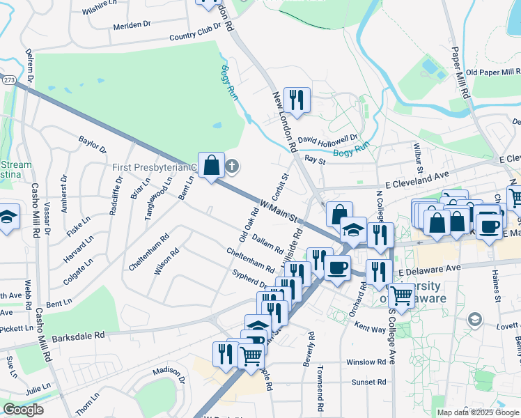 map of restaurants, bars, coffee shops, grocery stores, and more near 233 West Main Street in Newark