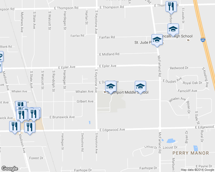 map of restaurants, bars, coffee shops, grocery stores, and more near 2507 East Dudley Avenue in Indianapolis