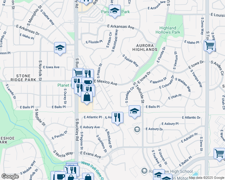 map of restaurants, bars, coffee shops, grocery stores, and more near 1772 South Quintero Way in Aurora