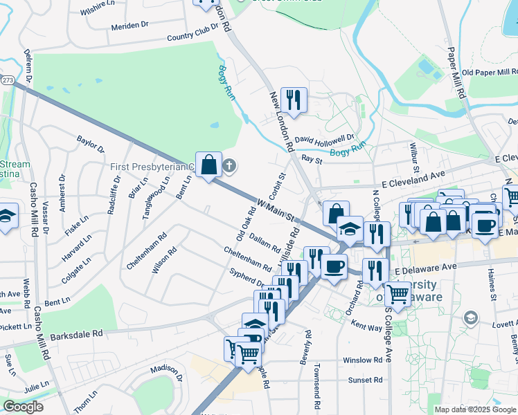 map of restaurants, bars, coffee shops, grocery stores, and more near 233 West Main Street in Newark