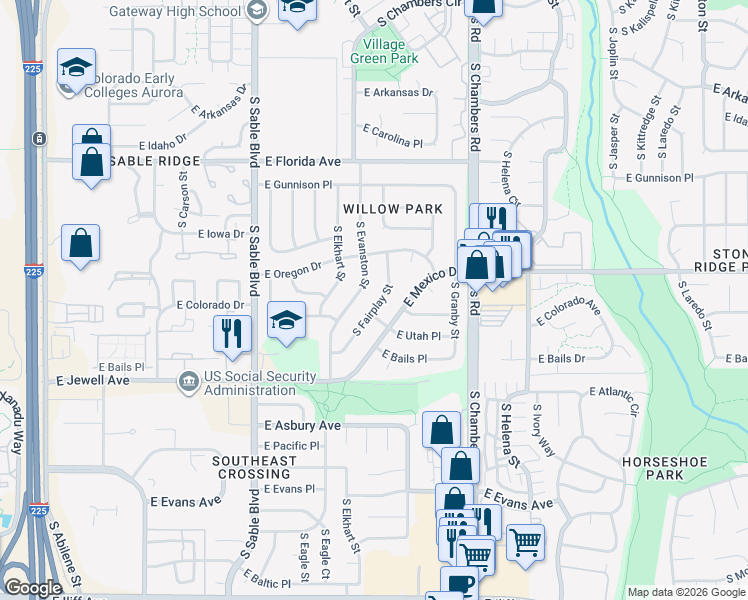 map of restaurants, bars, coffee shops, grocery stores, and more near 1652 South Evanston Street in Aurora