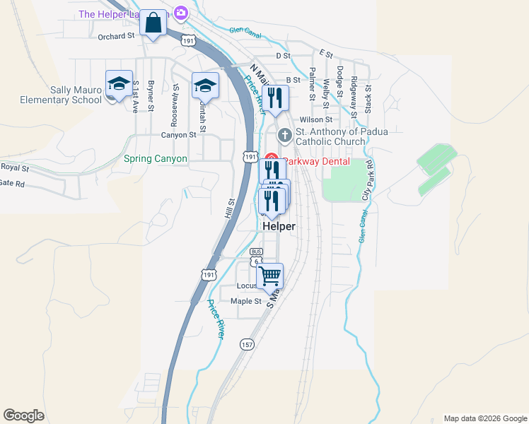 map of restaurants, bars, coffee shops, grocery stores, and more near South 100 West in Helper
