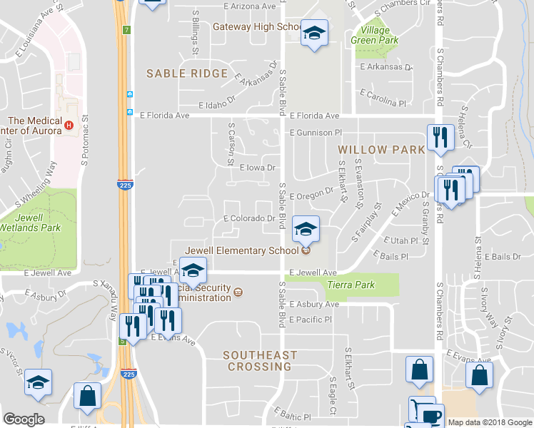 map of restaurants, bars, coffee shops, grocery stores, and more near 14419 East Montana Circle in Aurora