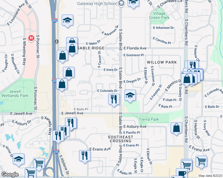 map of restaurants, bars, coffee shops, grocery stores, and more near 14419 East Montana Circle in Aurora