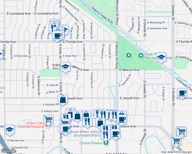 map of restaurants, bars, coffee shops, grocery stores, and more near 1702 South Krameria Way in Denver