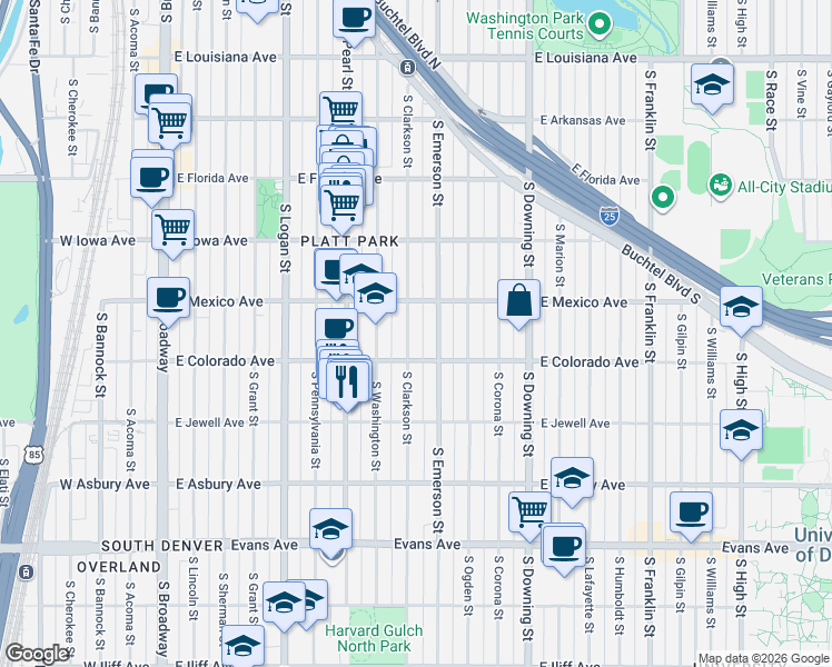 map of restaurants, bars, coffee shops, grocery stores, and more near 1714 South Clarkson Street in Denver