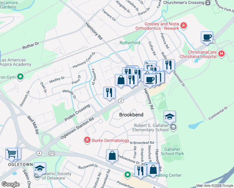 map of restaurants, bars, coffee shops, grocery stores, and more near 53 Cheswold Boulevard in Newark