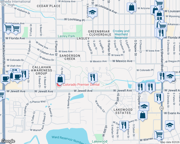 map of restaurants, bars, coffee shops, grocery stores, and more near 1827 South Kendall Court in Lakewood