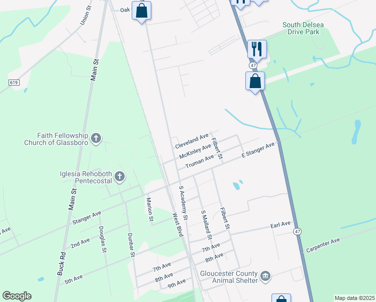 map of restaurants, bars, coffee shops, grocery stores, and more near 225 McKinley Avenue in Glassboro