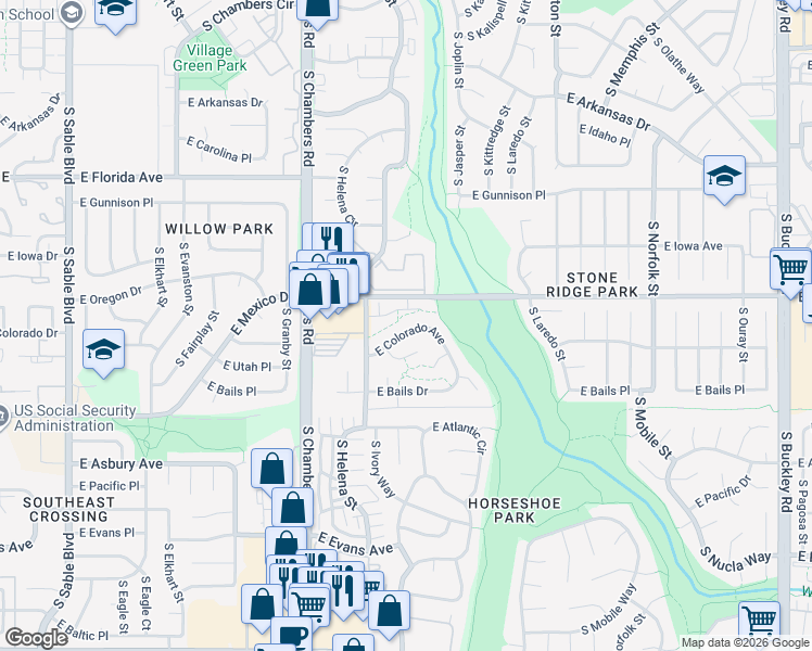 map of restaurants, bars, coffee shops, grocery stores, and more near 15630 East Mexico Avenue in Aurora