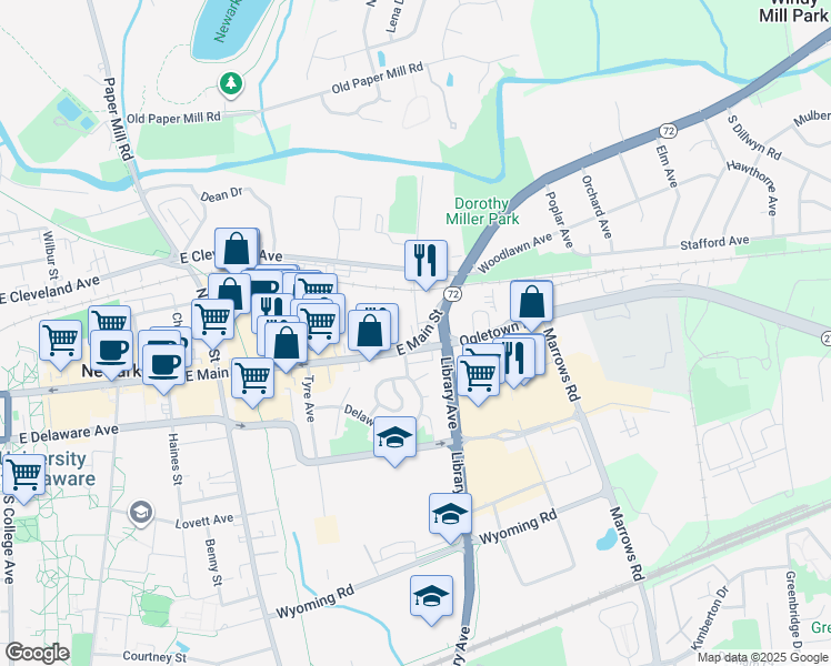 map of restaurants, bars, coffee shops, grocery stores, and more near 334 East Main Street in Newark