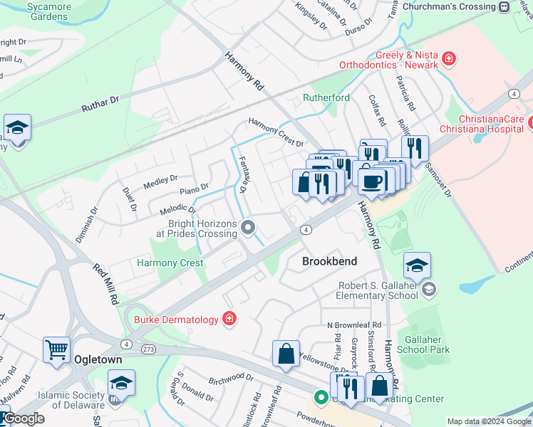 map of restaurants, bars, coffee shops, grocery stores, and more near 81 Melodic Drive in Newark