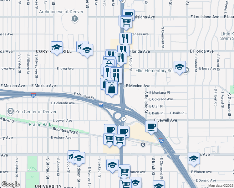 map of restaurants, bars, coffee shops, grocery stores, and more near 3900 East Mexico Avenue in Denver