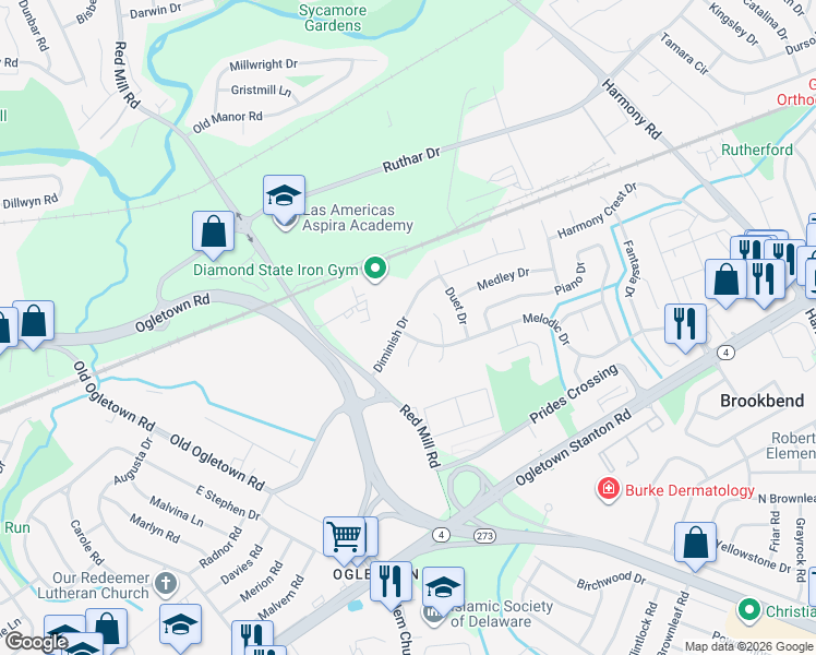 map of restaurants, bars, coffee shops, grocery stores, and more near 127 Diminish Drive in Newark
