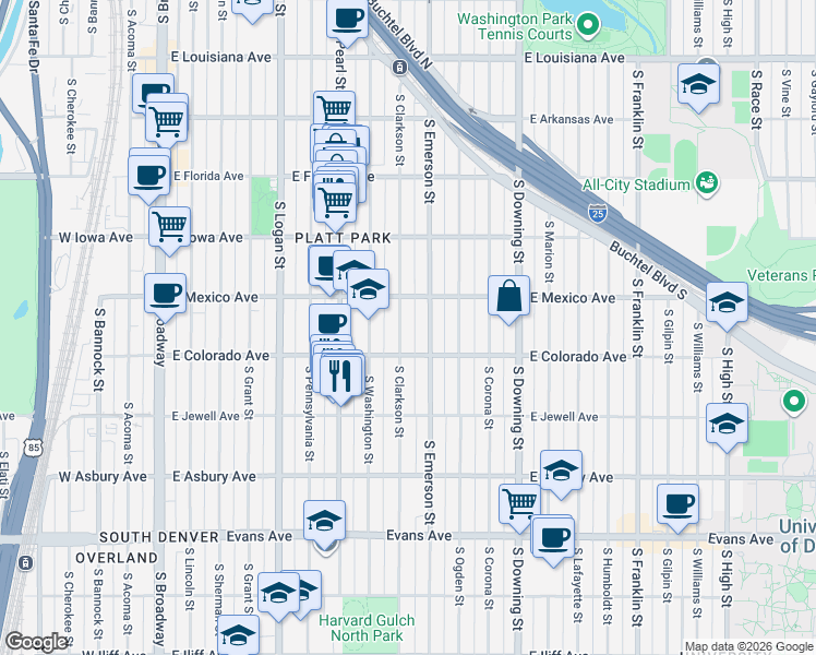 map of restaurants, bars, coffee shops, grocery stores, and more near 1714 South Clarkson Street in Denver