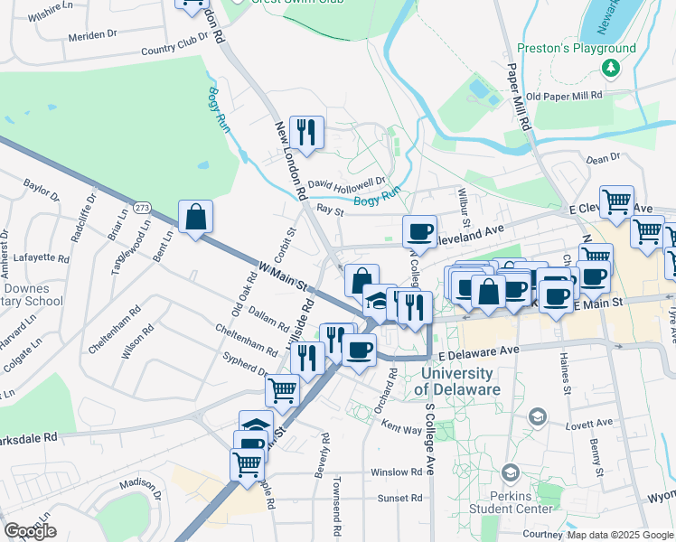 map of restaurants, bars, coffee shops, grocery stores, and more near 57 New London Road in Newark