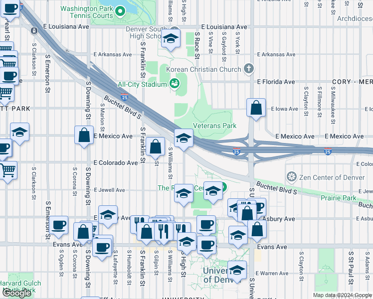 map of restaurants, bars, coffee shops, grocery stores, and more near Buchtel Boulevard South in Denver