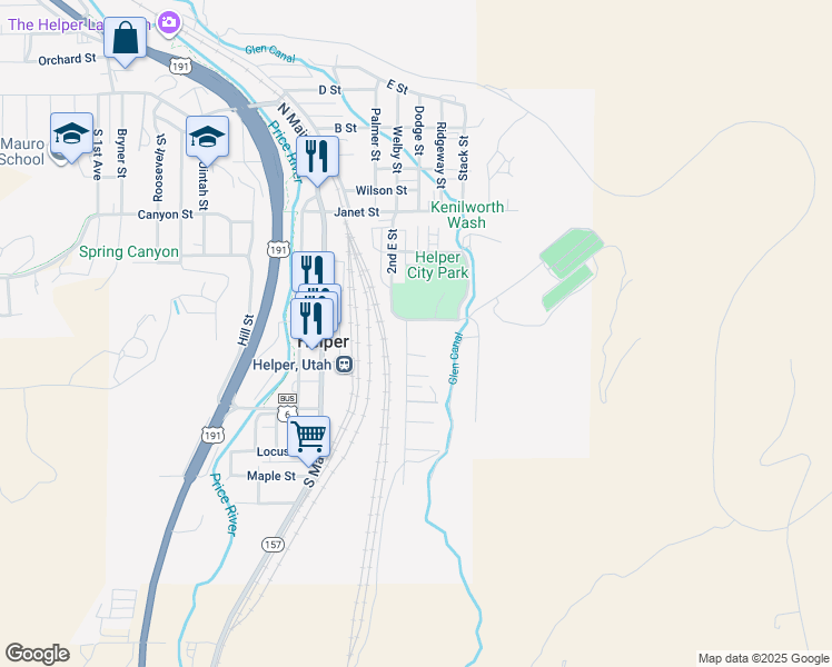 map of restaurants, bars, coffee shops, grocery stores, and more near 233 2nd East Street in Helper