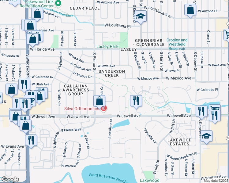map of restaurants, bars, coffee shops, grocery stores, and more near 6568 West Oregon Avenue in Lakewood