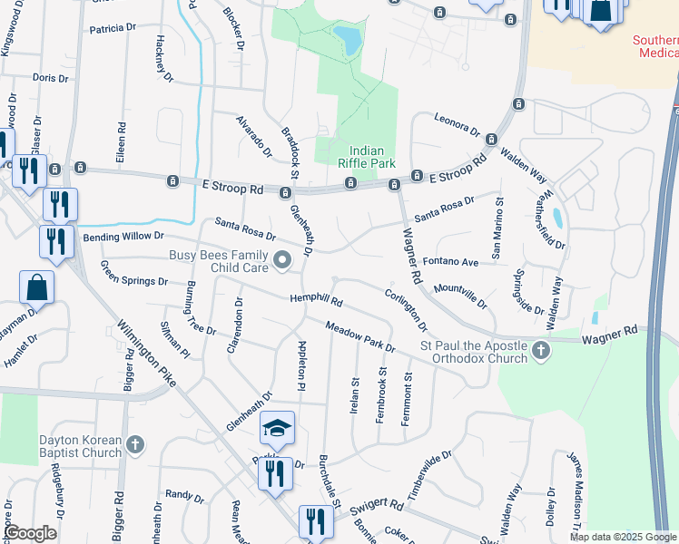 map of restaurants, bars, coffee shops, grocery stores, and more near 2636 Santa Rosa Drive in Dayton