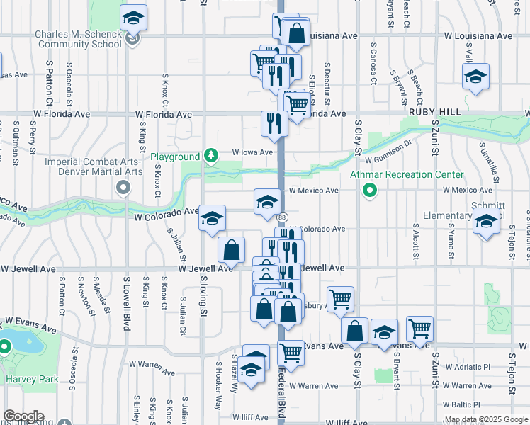 map of restaurants, bars, coffee shops, grocery stores, and more near 3062 West Colorado Avenue in Denver