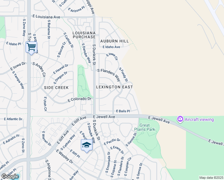 map of restaurants, bars, coffee shops, grocery stores, and more near 23501 East Colorado Drive in Aurora