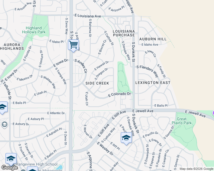map of restaurants, bars, coffee shops, grocery stores, and more near 18874 East Mexico Drive in Aurora