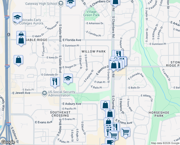 map of restaurants, bars, coffee shops, grocery stores, and more near 1652 South Evanston Street in Aurora