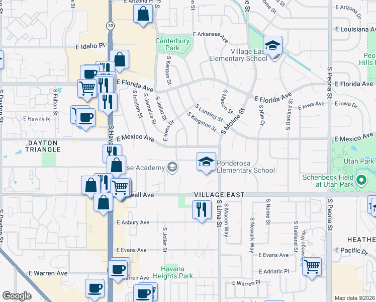 map of restaurants, bars, coffee shops, grocery stores, and more near 1698 South Kenton Street in Aurora