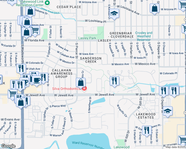 map of restaurants, bars, coffee shops, grocery stores, and more near 6568 West Oregon Avenue in Lakewood
