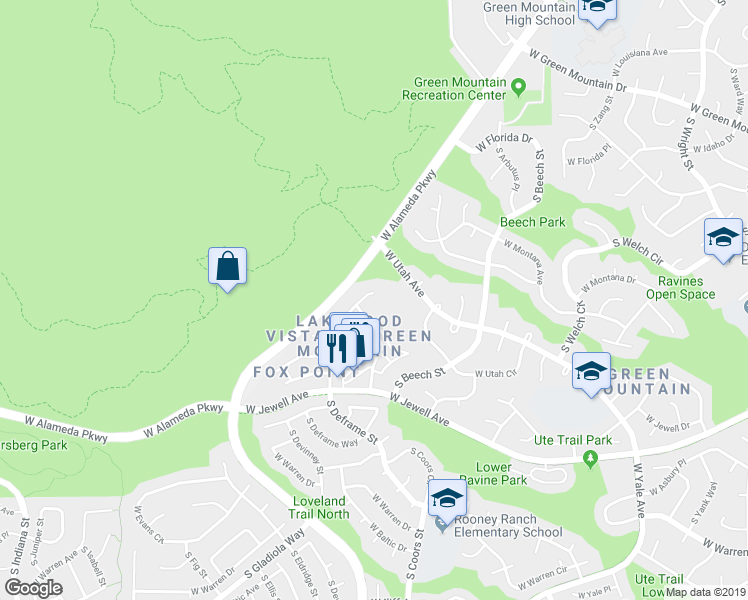 map of restaurants, bars, coffee shops, grocery stores, and more near 1629 South Deframe Street in Lakewood
