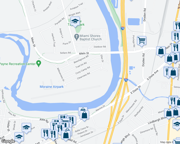 map of restaurants, bars, coffee shops, grocery stores, and more near 3416 Cozy Camp Road in Moraine