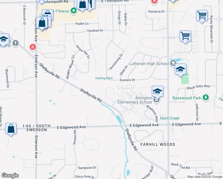 map of restaurants, bars, coffee shops, grocery stores, and more near 5519 Somers Drive in Indianapolis