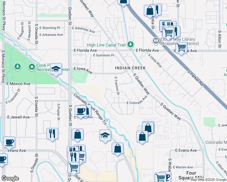 map of restaurants, bars, coffee shops, grocery stores, and more near 1675 South Syracuse Street in Denver
