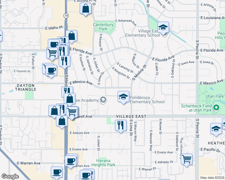 map of restaurants, bars, coffee shops, grocery stores, and more near 1698 South Kenton Street in Aurora