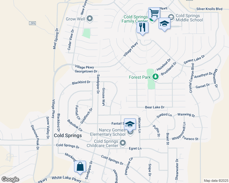 map of restaurants, bars, coffee shops, grocery stores, and more near 17640 Blackbird Drive in Reno