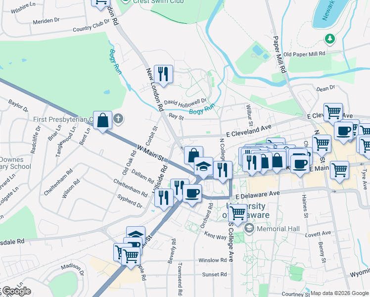 map of restaurants, bars, coffee shops, grocery stores, and more near 58 New London Road in Newark