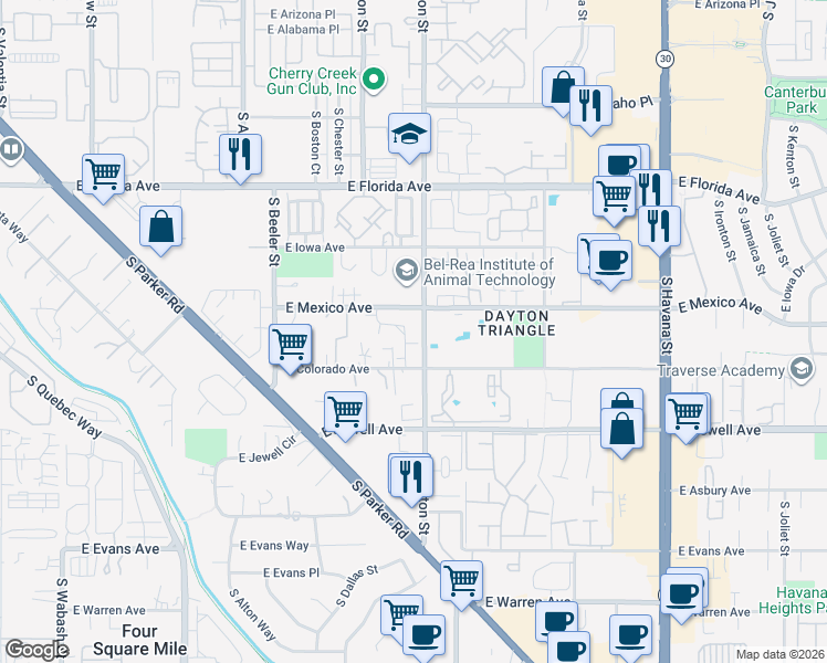 map of restaurants, bars, coffee shops, grocery stores, and more near in Aurora