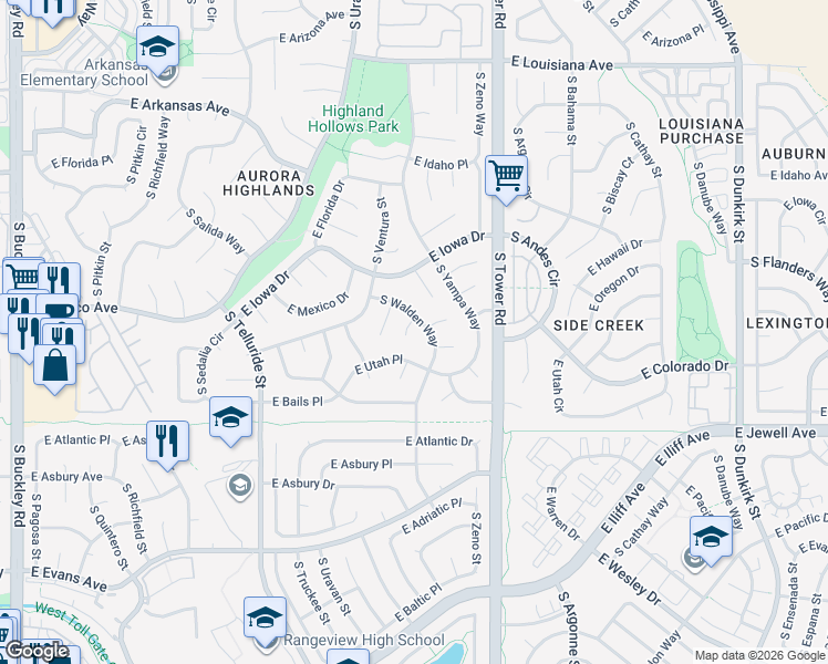 map of restaurants, bars, coffee shops, grocery stores, and more near 18219 East Mexico Place in Aurora
