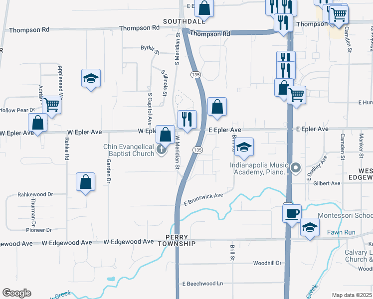 map of restaurants, bars, coffee shops, grocery stores, and more near 5500 South Meridian Street in Indianapolis