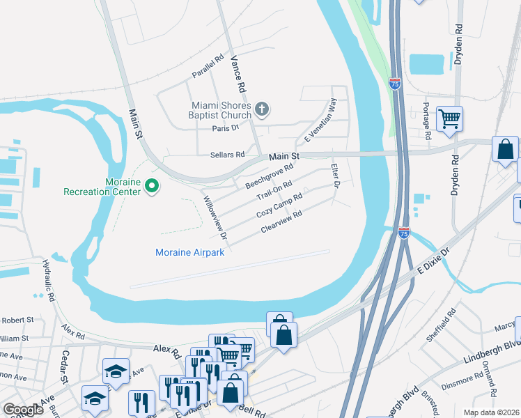 map of restaurants, bars, coffee shops, grocery stores, and more near 3553 Trail-On Road in Moraine