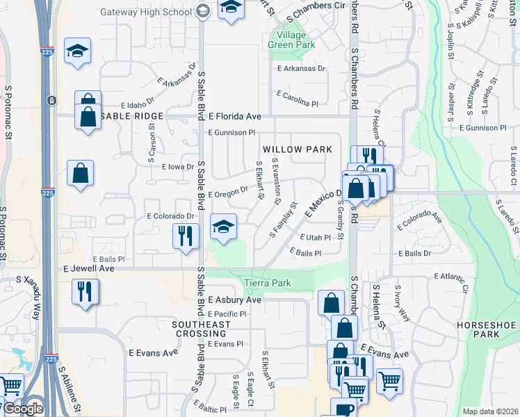 map of restaurants, bars, coffee shops, grocery stores, and more near 1650 South Elkhart Street in Aurora