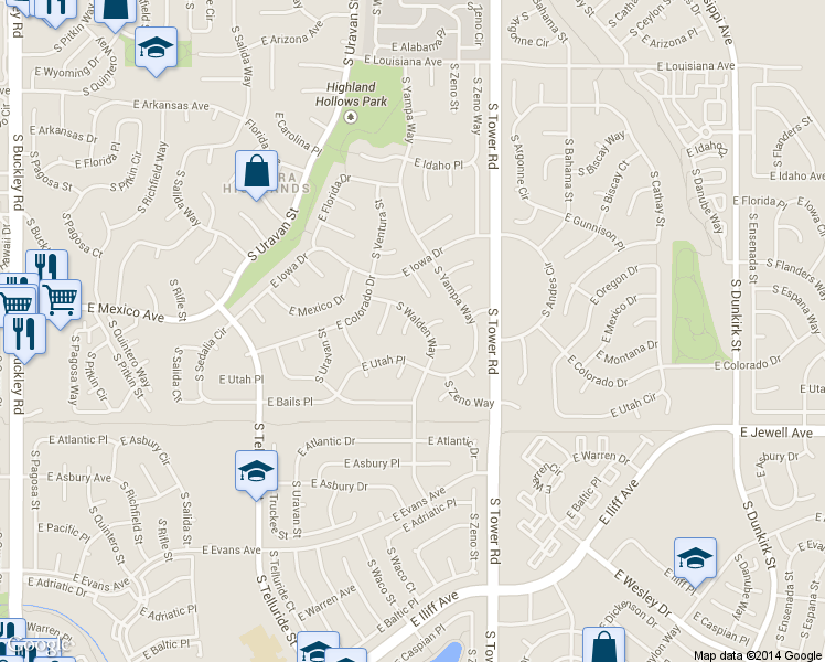 map of restaurants, bars, coffee shops, grocery stores, and more near 18219 East Mexico Place in Aurora