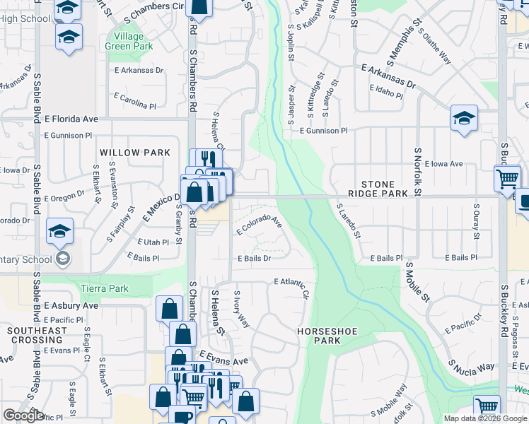 map of restaurants, bars, coffee shops, grocery stores, and more near 15690 East Mexico Avenue in Aurora