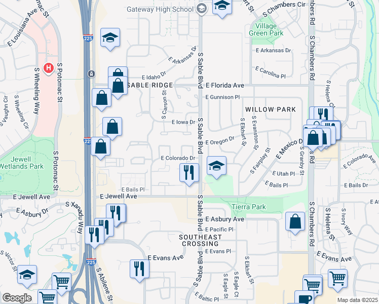 map of restaurants, bars, coffee shops, grocery stores, and more near 14419 East Montana Circle in Aurora