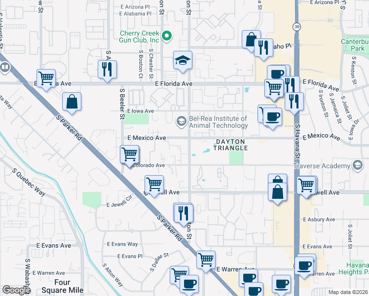 map of restaurants, bars, coffee shops, grocery stores, and more near in Aurora